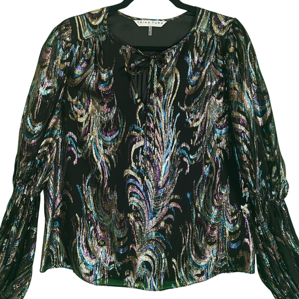Trina Turk Top Ambrosial Silk Blend Metallic Jacquard V-Neck Black Multi S Glam - Picture 4 of 14